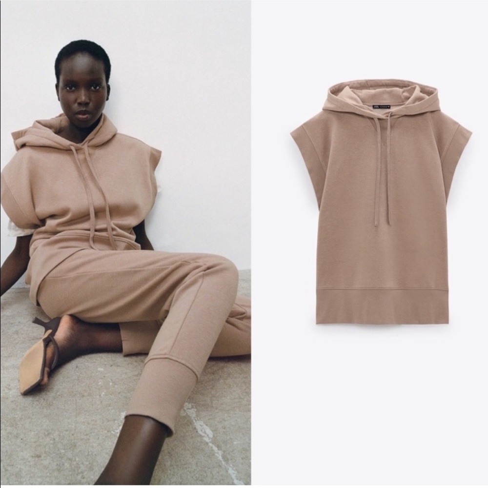 Zara Sleeveless Muscle Hoodie Tan Brown Small